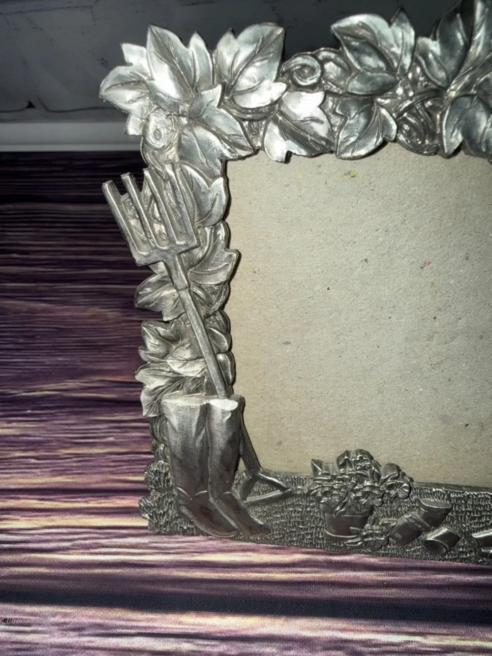Perfect Art Nouveau Pewter Garden Theme Silver Photo Frame. Watering Can Flowers